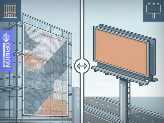 Schemat przedstawiający montaż reklamy na elewacji budynku oraz na wolnostojącym billboardzie.