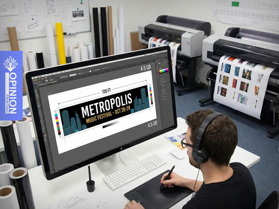 Grafik pracuje przy komputerze nad projektem banera reklamowego w pracowni druku wielkoformatowego.